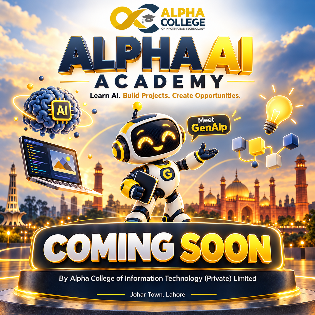 Alpha AI Academy is coming soon to Johar Town, Lahore. Meet GenAlp.